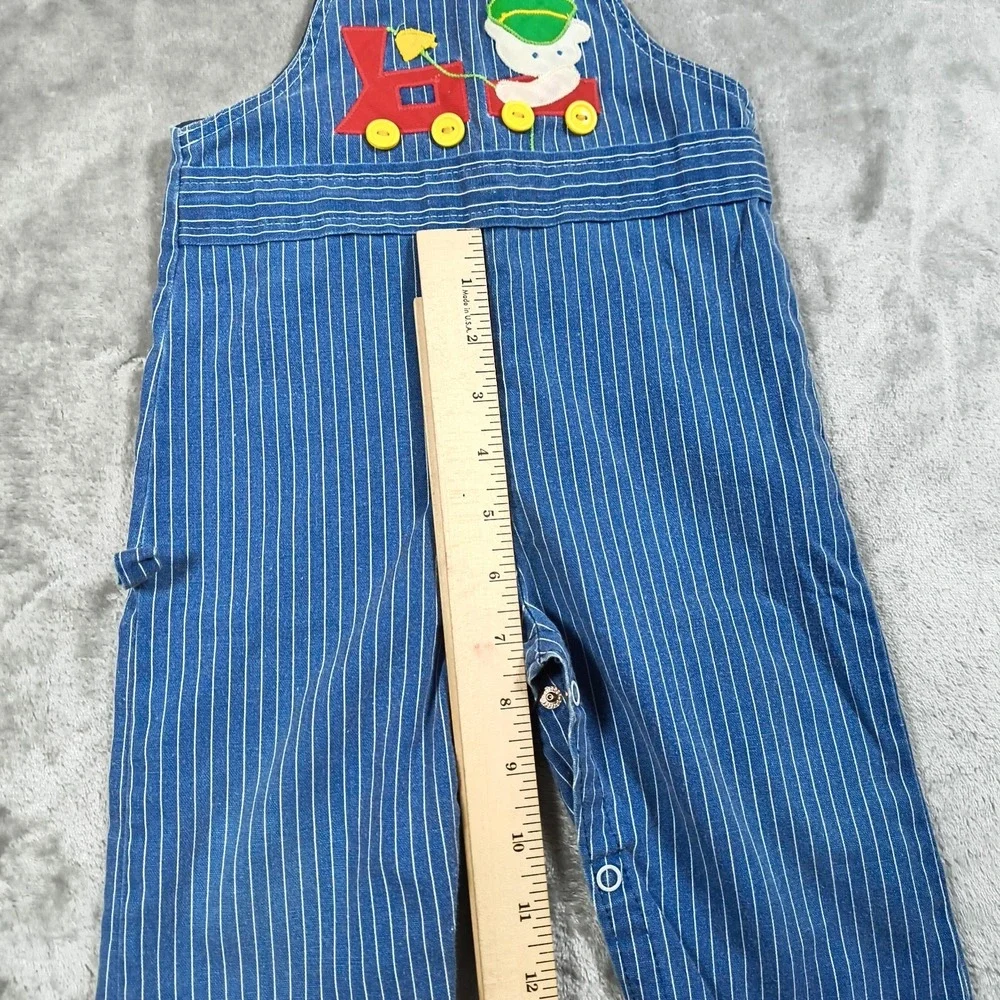 Vintage By Thomas Overalls Baby 12M Blue Pinstripe Train Cartoon Made In USA 80s